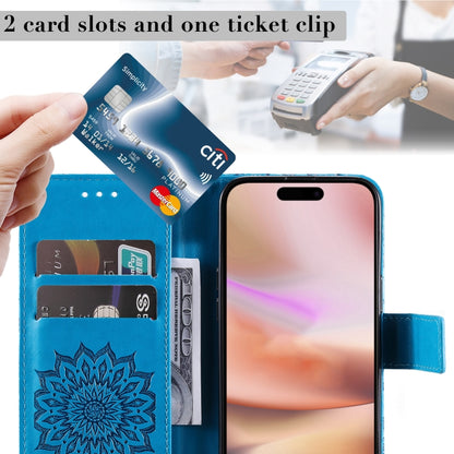 For iPhone 16 Plus Embossed Sunflower Pattern Flip Leather Phone Case(Blue) - iPhone 16 Plus Cases by buy2fix | Online Shopping UK | buy2fix