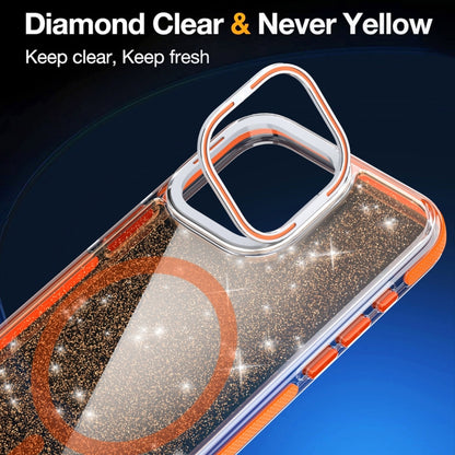 For iPhone 14 Pro Max Two-color Glitter Powder Lens Holder Magsafe Phone Case(Orange) - iPhone 14 Pro Max Cases by buy2fix | Online Shopping UK | buy2fix