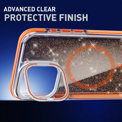 For iPhone 14 Pro Max Two-color Glitter Powder Lens Holder Magsafe Phone Case(Orange) - iPhone 14 Pro Max Cases by buy2fix | Online Shopping UK | buy2fix