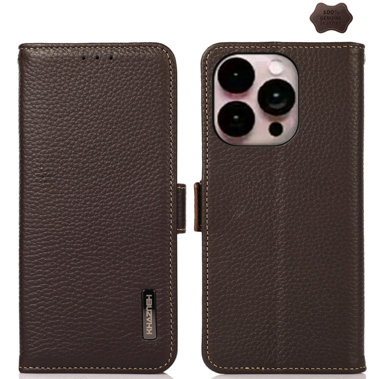 For iPhone 16 Pro KHAZNEH Side-Magnetic Litchi Genuine Leather RFID Case(Brown) - iPhone 16 Pro Cases by buy2fix | Online Shopping UK | buy2fix