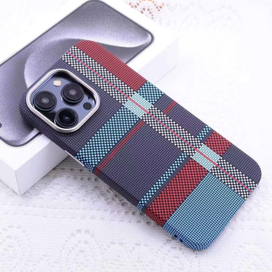 For iPhone 12 Pro Kevlar Carbon Fiber Texture MagSafe Magnetic Phone Case(Red Blue Checkered) - iPhone 12 / 12 Pro Cases by buy2fix | Online Shopping UK | buy2fix