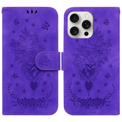 For iPhone 16 Pro Max Butterfly Rose Embossed Leather Phone Case(Purple) - iPhone 16 Pro Max Cases by buy2fix | Online Shopping UK | buy2fix