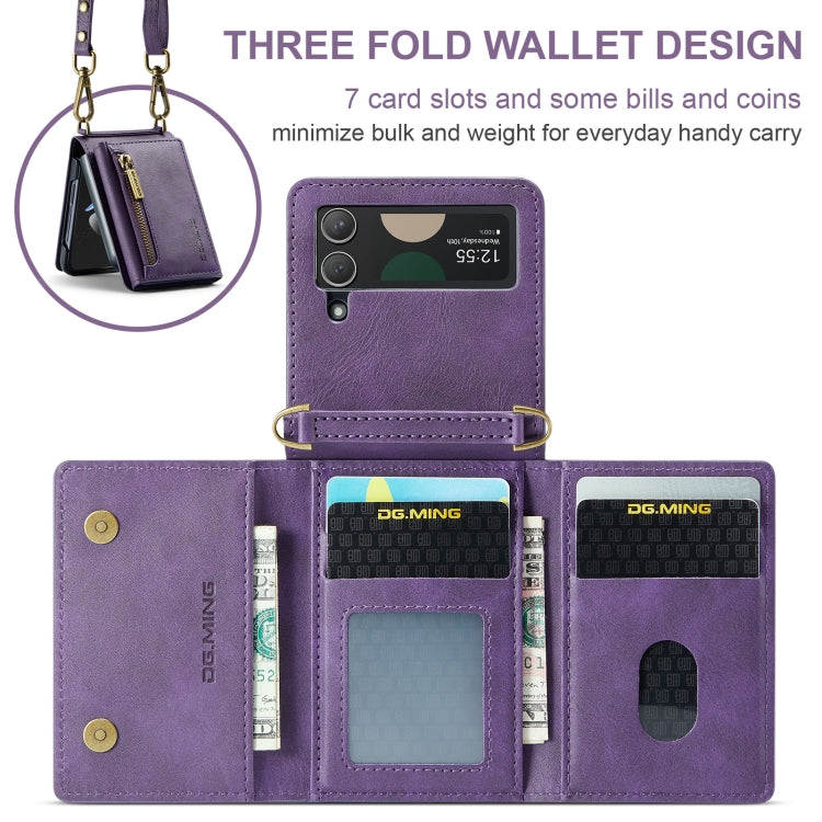 For Samsung Galaxy Z Flip4 5G DG.MING M5 Series Zip RFID Multi Card Detachable Leather Phone Case with Long Lanyard(Purple) - Galaxy Z Flip4 5G Cases by DG.MING | Online Shopping UK | buy2fix