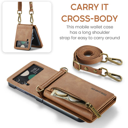 For Samsung Galaxy Z Flip3 5G DG.MING M5 Series Zip RFID Multi Card Detachable Leather Phone Case with Long Lanyard(Brown) - Galaxy Phone Cases by DG.MING | Online Shopping UK | buy2fix