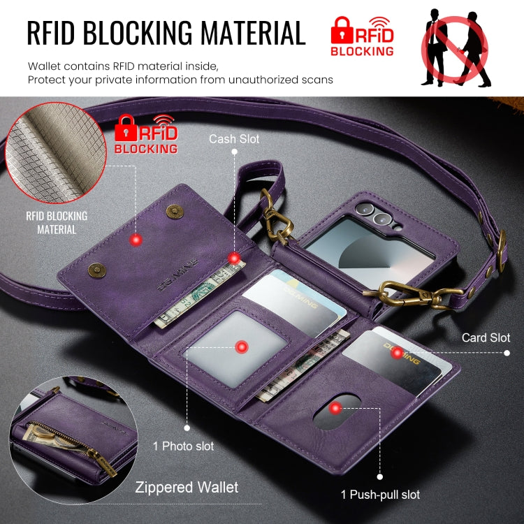 For Samsung Galaxy Z Flip6 DG.MING M5 Series Zip RFID Multi Card Detachable Leather Phone Case with Long Lanyard(Purple) - Galaxy Z Flip6 5G Cases by DG.MING | Online Shopping UK | buy2fix