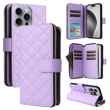 For iPhone 16 Pro Max Crossbody Rhombic Zipper Tower Buckle Leather Phone Case with Lanyard(Purple) - iPhone 16 Pro Max Cases by buy2fix | Online Shopping UK | buy2fix