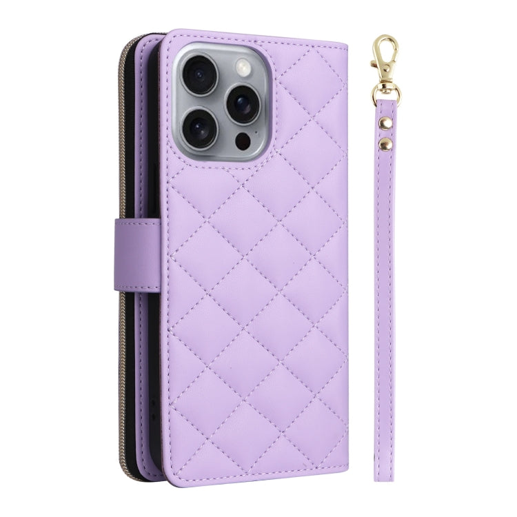 For iPhone 16 Pro Max Crossbody Rhombic Zipper Tower Buckle Leather Phone Case with Lanyard(Purple) - iPhone 16 Pro Max Cases by buy2fix | Online Shopping UK | buy2fix