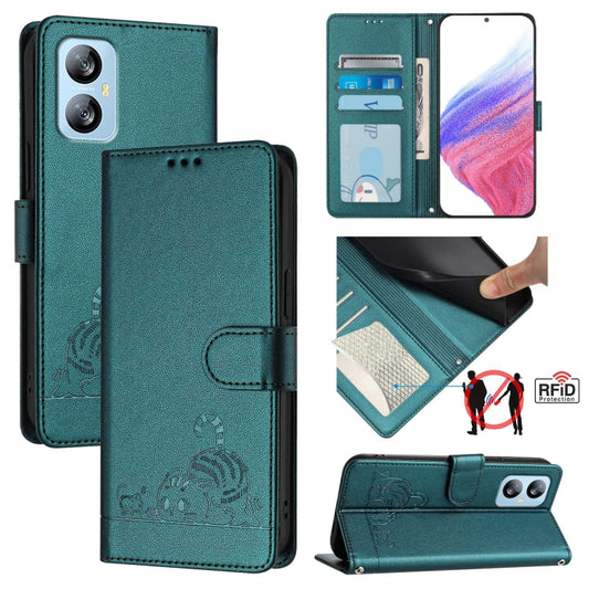 For Blackview A52 Cat Rat Embossed Pattern RFID Leather Phone Case with Lanyard(Peacock Green) - More Brand by buy2fix | Online Shopping UK | buy2fix