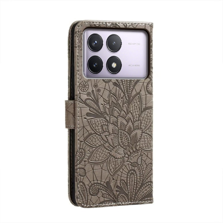 For Xiaomi Redmi K70 Lace Flower Embossing Flip Leather Phone Case(Grey) - K70 Cases by buy2fix | Online Shopping UK | buy2fix