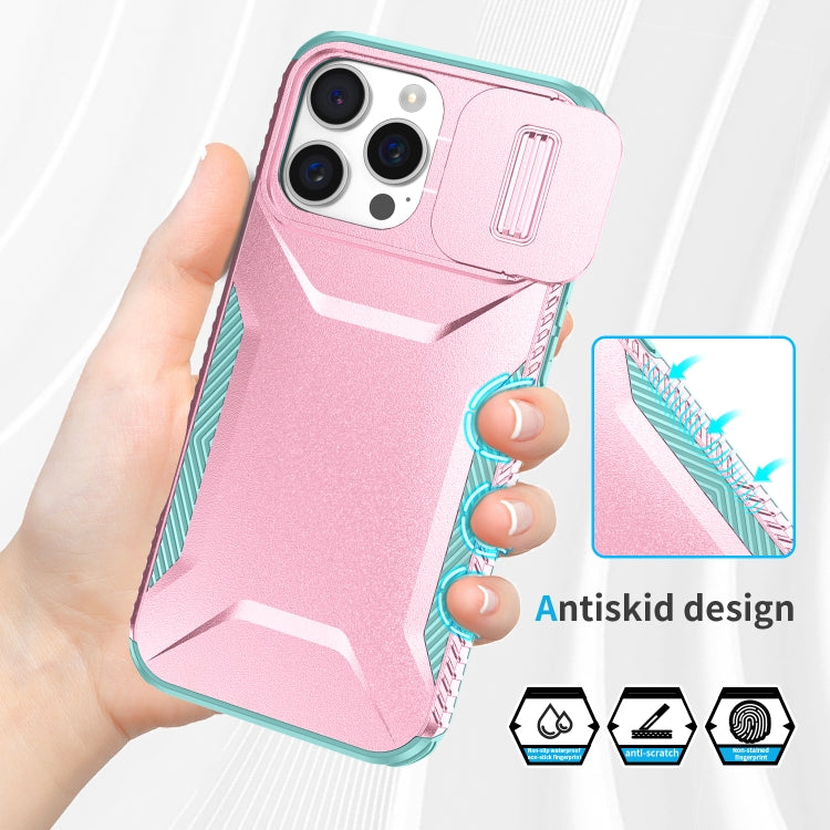 For iPhone 16 Pro Sliding Camshield Phone Case(Pink + Grey Green) - iPhone 16 Pro Cases by buy2fix | Online Shopping UK | buy2fix