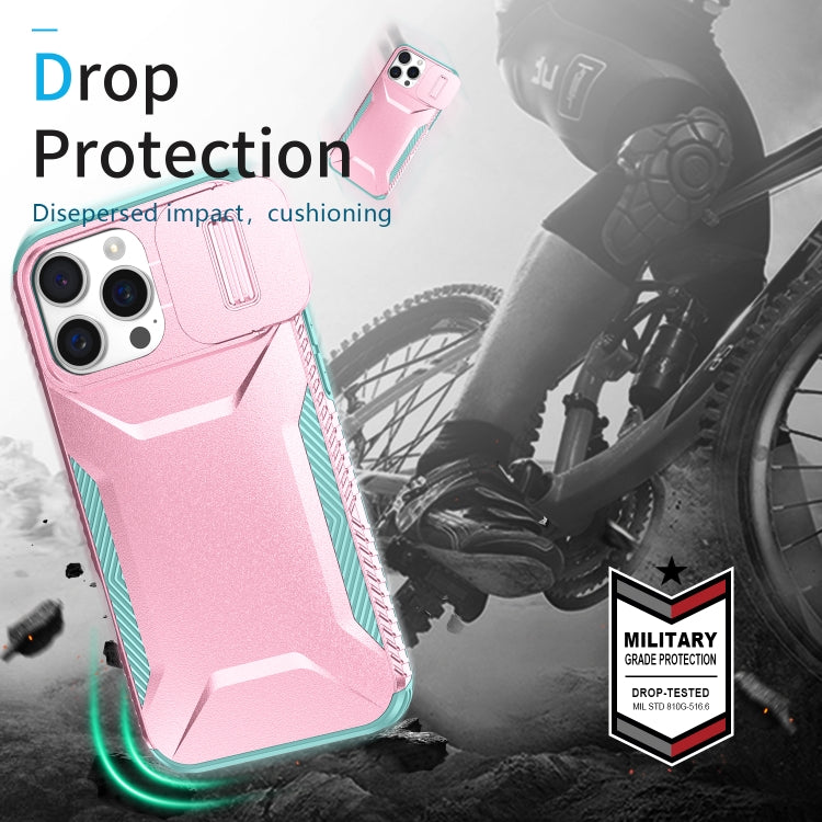 For iPhone 16 Pro Sliding Camshield Phone Case(Pink + Grey Green) - iPhone 16 Pro Cases by buy2fix | Online Shopping UK | buy2fix