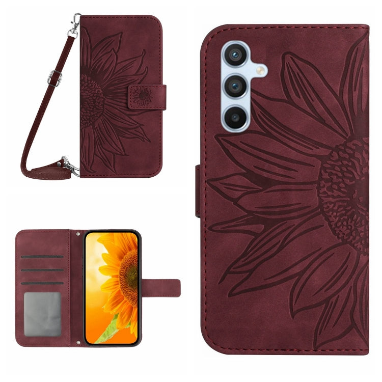 For Samsung Galaxy S25 5G Skin Feel Sun Flower Embossed Flip Leather Phone Case with Lanyard(Wine Red) - Galaxy S25 5G Cases by buy2fix | Online Shopping UK | buy2fix