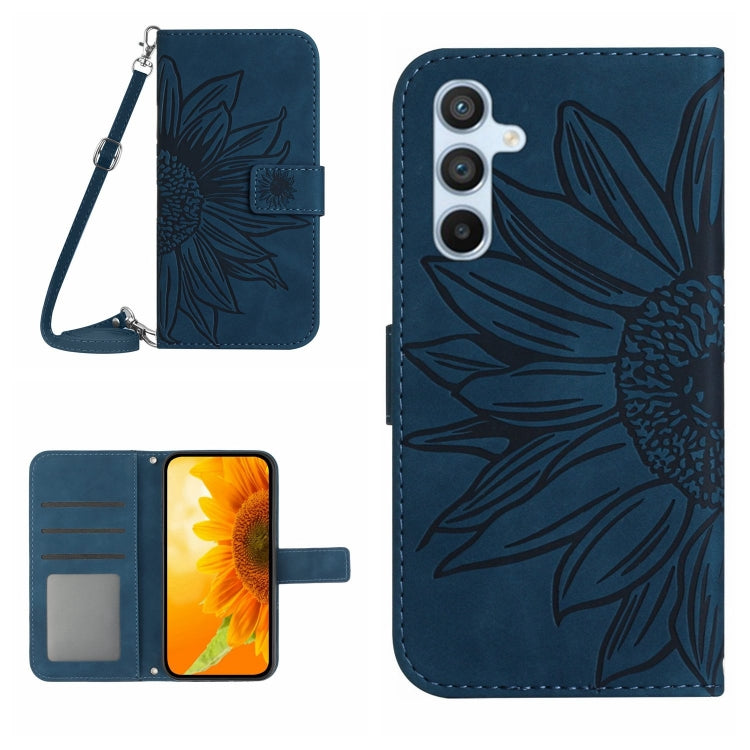 For Samsung Galaxy S25+ 5G Skin Feel Sun Flower Embossed Flip Leather Phone Case with Lanyard(Inky Blue) - Galaxy S25+ 5G Cases by buy2fix | Online Shopping UK | buy2fix