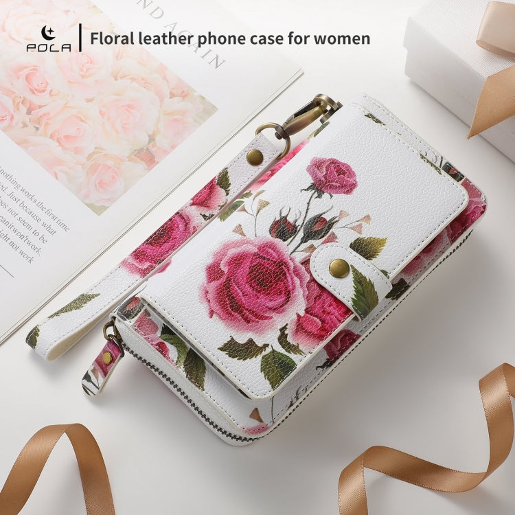 For iPhone 14 Pro POLA MagSafe Flower Multi-functional Zipper Wallet Leather Phone Case(Beige) - iPhone 14 Pro Cases by buy2fix | Online Shopping UK | buy2fix