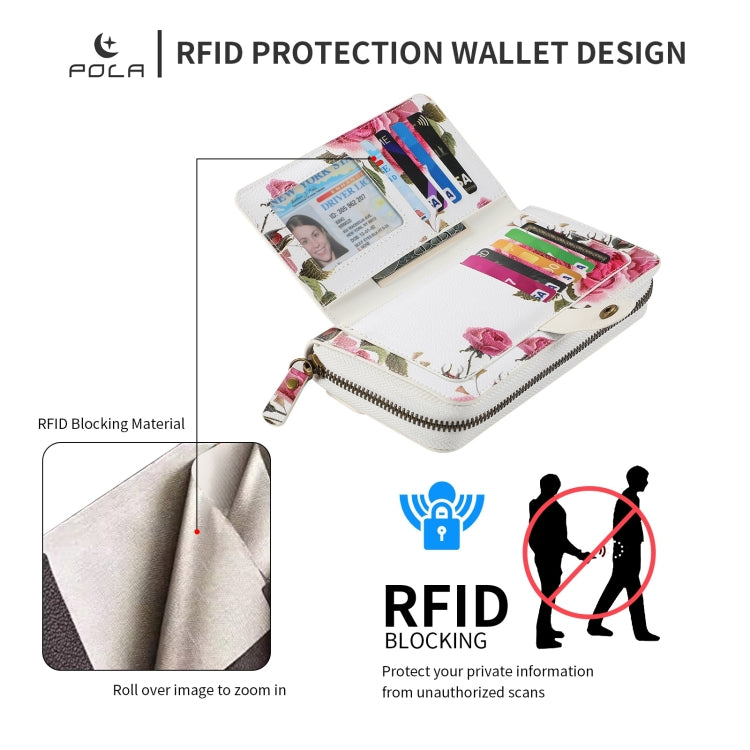 For iPhone 14 Pro POLA MagSafe Flower Multi-functional Zipper Wallet Leather Phone Case(Beige) - iPhone 14 Pro Cases by buy2fix | Online Shopping UK | buy2fix