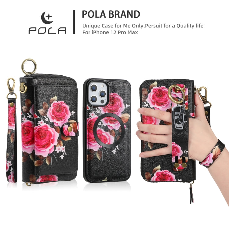 For iPhone 12 / 12 Pro POLA MagSafe Flower Multi-functional Zipper Wallet Leather Phone Case(Black) - iPhone 12 / 12 Pro Cases by buy2fix | Online Shopping UK | buy2fix