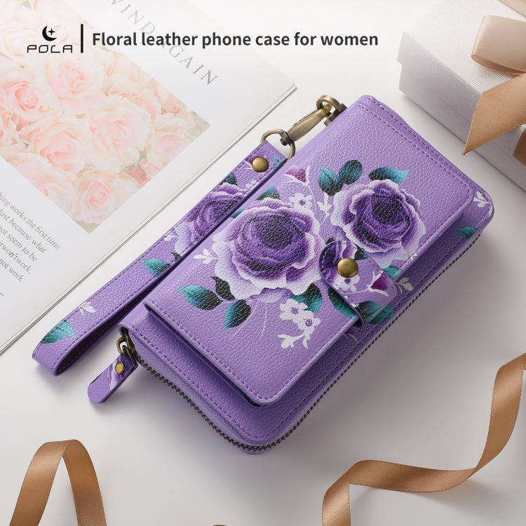 For iPhone 12 Pro Max POLA MagSafe Flower Multi-functional Zipper Wallet Leather Phone Case(Purple) - iPhone 12 Pro Max Cases by buy2fix | Online Shopping UK | buy2fix