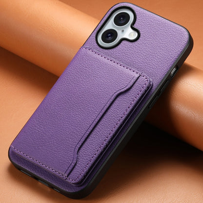 For iPhone 16 Calf Texture Card Bag Design Full Coverage Phone Case(Purple) - iPhone 16 Cases by buy2fix | Online Shopping UK | buy2fix