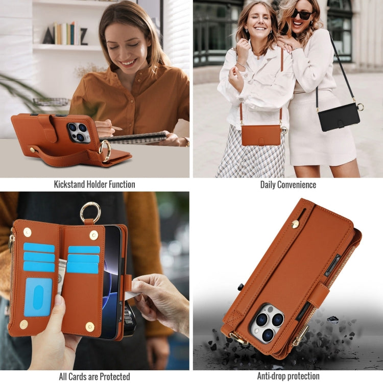 For iPhone 16 Pro Max Crossbody Ring Multifunctional Wallet Leather Phone Case(Brown) - iPhone 16 Pro Max Cases by buy2fix | Online Shopping UK | buy2fix