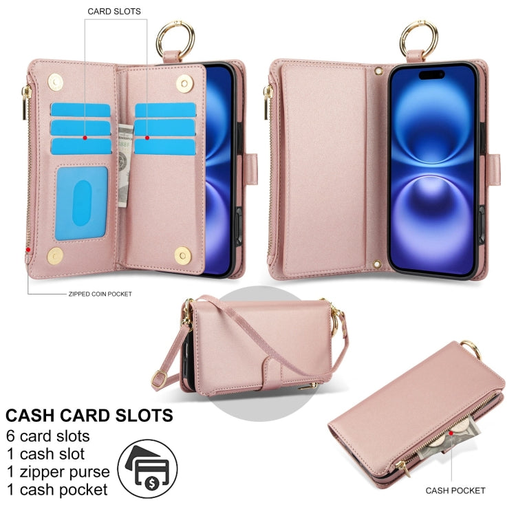 For iPhone 16 Plus Crossbody Ring Multifunctional Wallet Leather Phone Case(Rose Gold) - iPhone 16 Plus Cases by buy2fix | Online Shopping UK | buy2fix