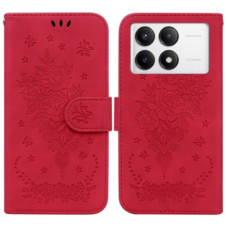 For Redmi K70 / K70 Pro Butterfly Rose Embossed Leather Phone Case(Red) - K70 Cases by buy2fix | Online Shopping UK | buy2fix