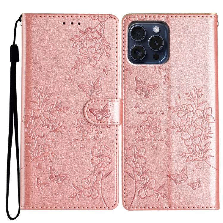 For iPhone 16 Pro Butterflies and Flowers Leather Phone Case(Rose Gold) - iPhone 16 Pro Cases by buy2fix | Online Shopping UK | buy2fix