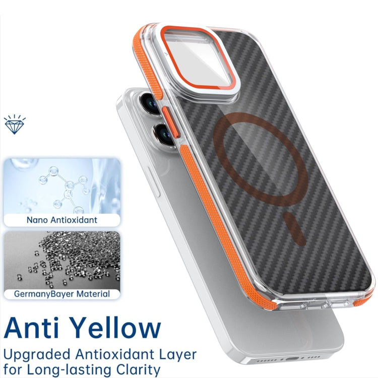 For iPhone 14 Pro Magsafe Dual-Color Carbon Fiber Lens Film Phone Case with Lens Fold Holder(Orange) - iPhone 14 Pro Cases by buy2fix | Online Shopping UK | buy2fix