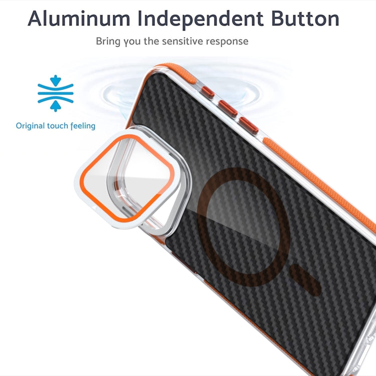 For iPhone 16 Magsafe Dual-Color Carbon Fiber Lens Film Phone Case with Lens Fold Holder(Orange) - iPhone 16 Cases by buy2fix | Online Shopping UK | buy2fix