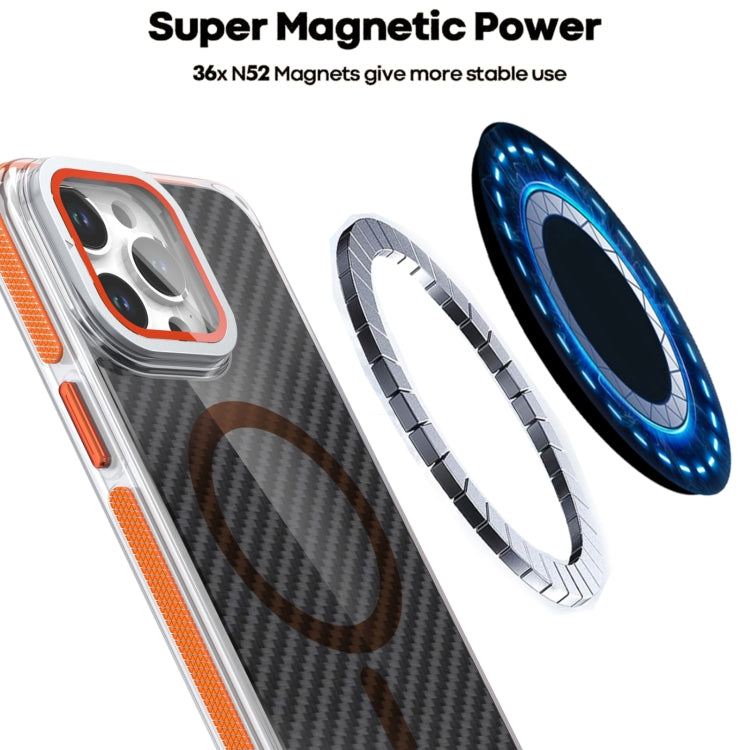 For iPhone 14 Pro Magsafe Dual-Color Carbon Fiber Lens Film Phone Case with Lens Fold Holder(Orange) - iPhone 14 Pro Cases by buy2fix | Online Shopping UK | buy2fix