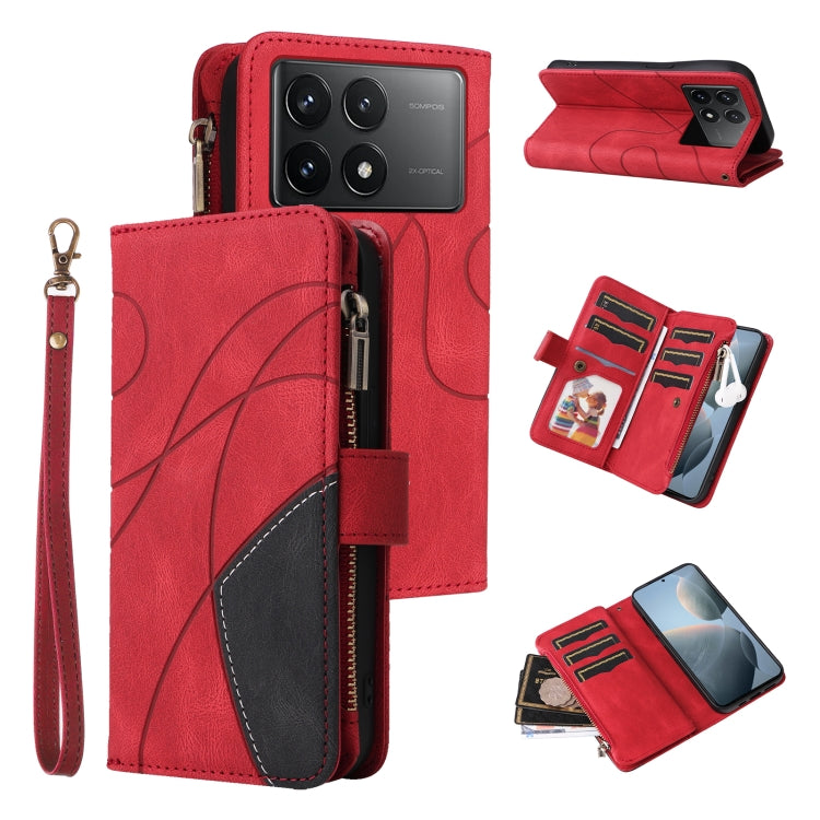 For Redmi K70 Dual-color 9 Card Slots Zipper Wallet Leather Phone Case(Red) - K70 Cases by buy2fix | Online Shopping UK | buy2fix