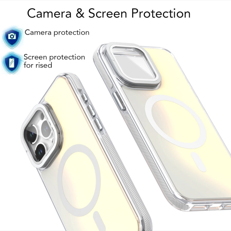 For iPhone 16 Pro MagSafe Gradient Color Lens Film Phone Case with Lens Fold Holder(White) - iPhone 16 Pro Cases by buy2fix | Online Shopping UK | buy2fix