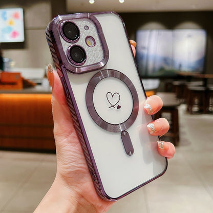 For iPhone 12 Loves Carbon Fiber Clear Plated Magsafe TPU Phone Case(Purple) - iPhone 12 / 12 Pro Cases by buy2fix | Online Shopping UK | buy2fix