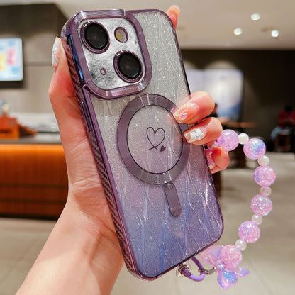 For iPhone 15 Loves Leaves Gradient Glitter Bracelets Carbon Fiber Magsafe TPU Phone Case(Purple) - iPhone 15 Cases by buy2fix | Online Shopping UK | buy2fix