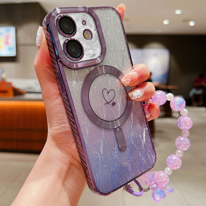 For iPhone 12 Loves Leaves Gradient Glitter Bracelets Carbon Fiber Magsafe TPU Phone Case(Purple) - iPhone 12 / 12 Pro Cases by buy2fix | Online Shopping UK | buy2fix