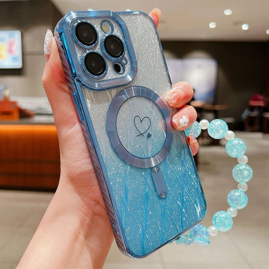 For iPhone 16 Pro Loves Leaves Gradient Glitter Bracelets Carbon Fiber Magsafe TPU Phone Case(Blue) - iPhone 16 Pro Cases by buy2fix | Online Shopping UK | buy2fix