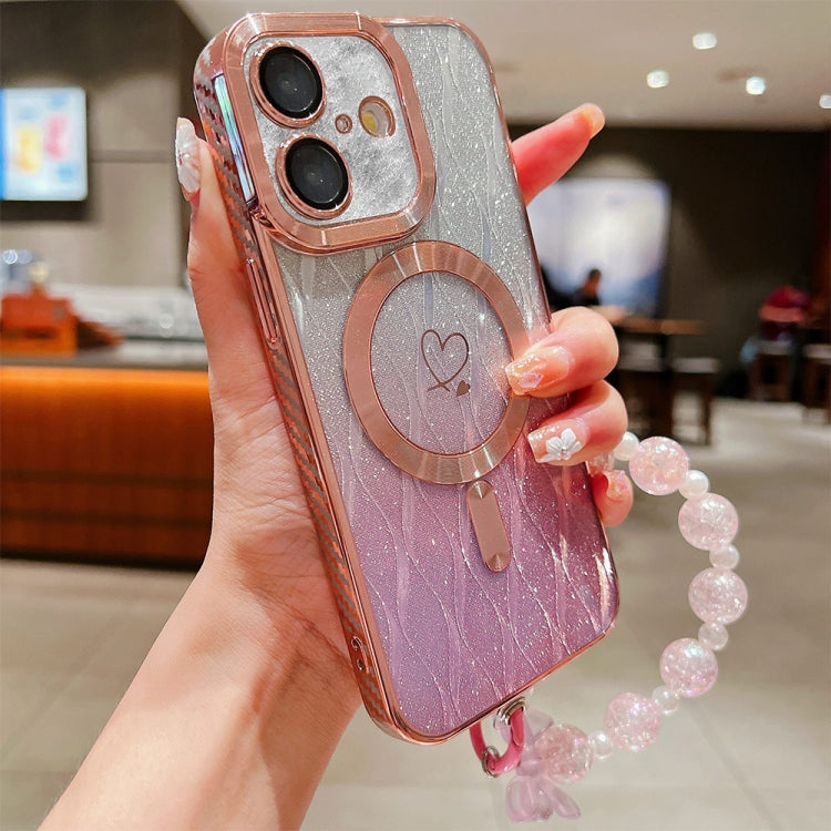 For iPhone 16 Loves Leaves Gradient Glitter Bracelets Carbon Fiber Magsafe TPU Phone Case(Pink) - iPhone 16 Cases by buy2fix | Online Shopping UK | buy2fix