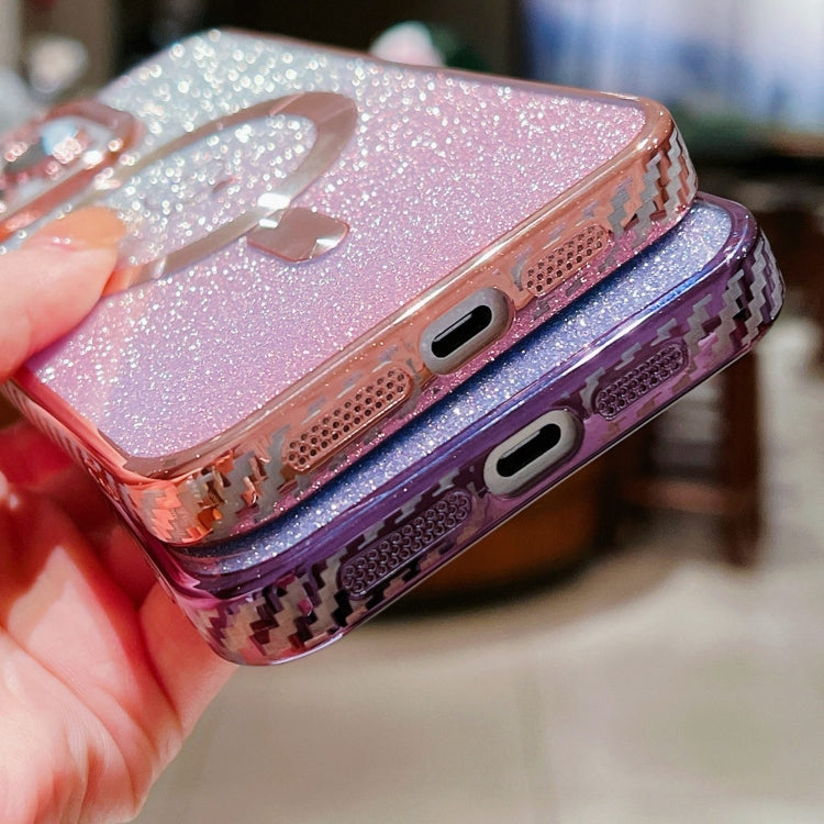 For iPhone 11 Pro Loves Gradient Glitter Carbon Fiber Magsafe TPU Phone Case(Pink) - iPhone 11 Pro Cases by buy2fix | Online Shopping UK | buy2fix