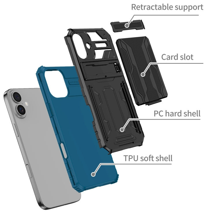 For iPhone 16 Plus Kickstand Armor Card Wallet Phone Case(Blue) - iPhone 16 Plus Cases by buy2fix | Online Shopping UK | buy2fix