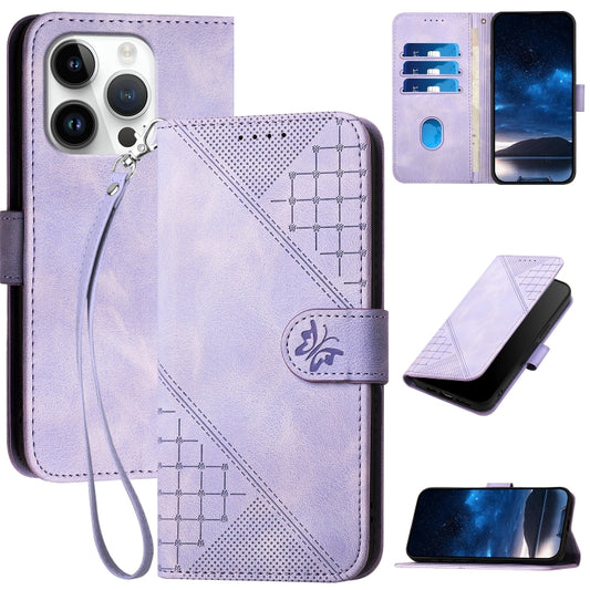 For iPhone 16 Pro YX0080 Grid Butterfly Embossed Pattern Flip Leather Phone Case with Lanyard(Light Purple) - iPhone 16 Pro Cases by buy2fix | Online Shopping UK | buy2fix