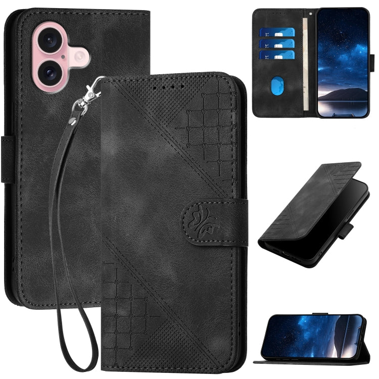 For iPhone 16 YX0080 Grid Butterfly Embossed Pattern Flip Leather Phone Case with Lanyard(Black) - iPhone 16 Cases by buy2fix | Online Shopping UK | buy2fix