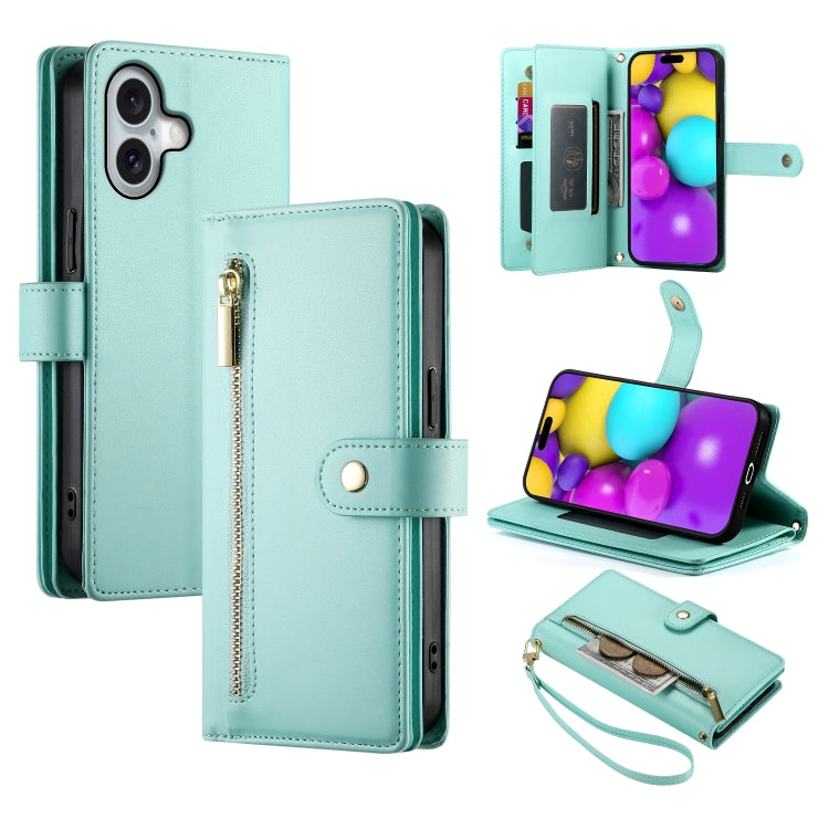 For iPhone 16 Nine Card-slot Zipper Wallet Bag Leather Phone Case(Mint Green) - iPhone 16 Cases by buy2fix | Online Shopping UK | buy2fix