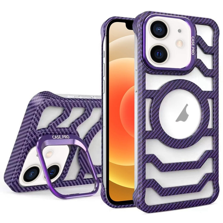 For iPhone 12 Borderless Carbon Fiber Lens Protection Bracket MagSafe Phone Case(Purple) - iPhone 12 / 12 Pro Cases by buy2fix | Online Shopping UK | buy2fix