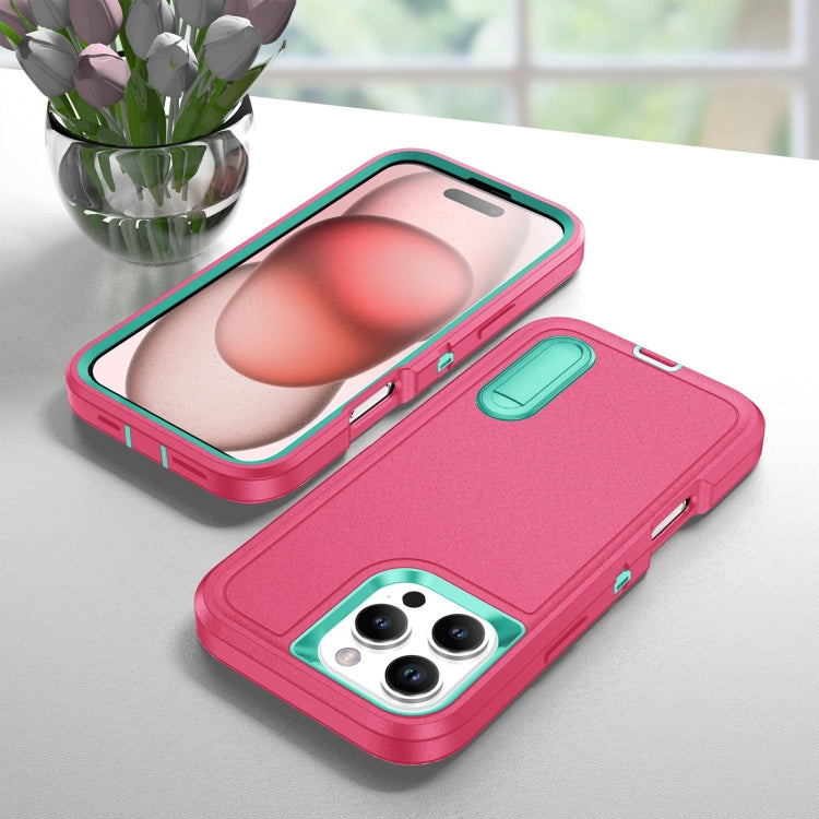 For iPhone 16 Pro Rugged PC + Silicone Phone Case with Holder(Rose Red+Light Green) - iPhone 16 Pro Cases by buy2fix | Online Shopping UK | buy2fix