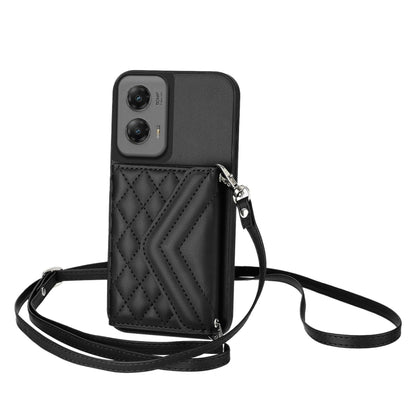 For Motorola Moto G Stylus 5G 2024 Rhombic Texture Card Bag RFID Phone Case with Long Lanyard(Black) - Motorola Cases by buy2fix | Online Shopping UK | buy2fix