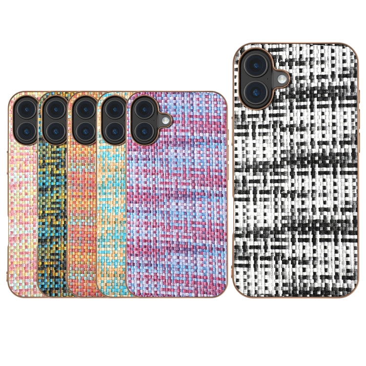 For iPhone 16 Plus Electroplated Frame Color Lattice Texture PU Phone Case(Pink) - iPhone 16 Plus Cases by buy2fix | Online Shopping UK | buy2fix