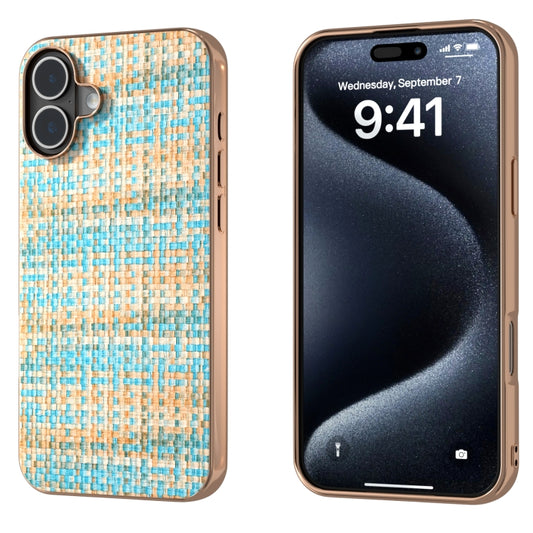 For iPhone 16 Electroplated Frame Color Lattice Texture PU Phone Case(Blue) - iPhone 16 Cases by buy2fix | Online Shopping UK | buy2fix