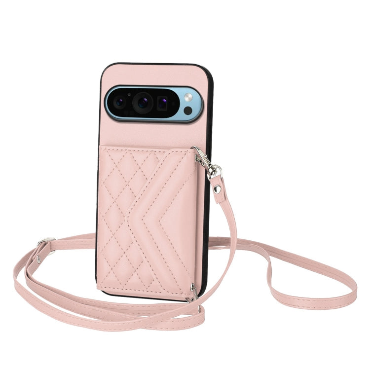 For Google Pixel 9 / 9 Pro Rhombic Texture Card Bag RFID Phone Case with Long Lanyard(Rose Gold) - Google Cases by buy2fix | Online Shopping UK | buy2fix