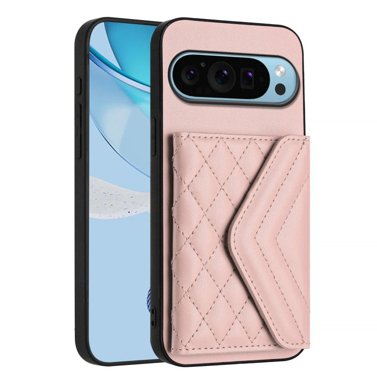 For Google Pixel 9 / 9 Pro Rhombic Texture Card Bag RFID Phone Case with Long Lanyard(Rose Gold) - Google Cases by buy2fix | Online Shopping UK | buy2fix