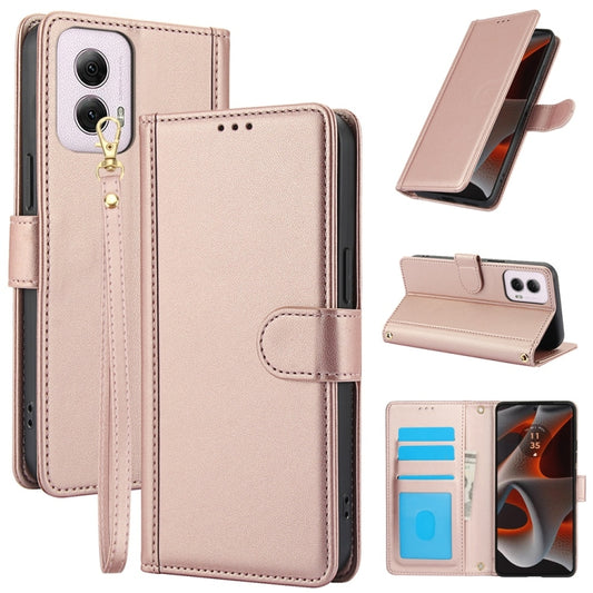 For Motorola Moto G Power 5G 2024 Skin Feel Pure Color Card Slots Leather Phone Case with Dual Lanyard(Rose Gold) - Motorola Cases by buy2fix | Online Shopping UK | buy2fix