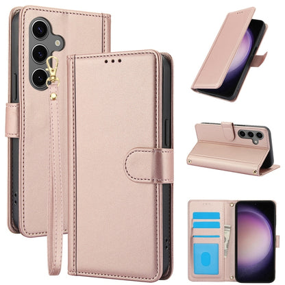 For Samsung Galaxy S25+ 5G Skin Feel Pure Color Card Slots Leather Phone Case with Dual Lanyard(Rose Gold) - Galaxy S25+ 5G Cases by buy2fix | Online Shopping UK | buy2fix